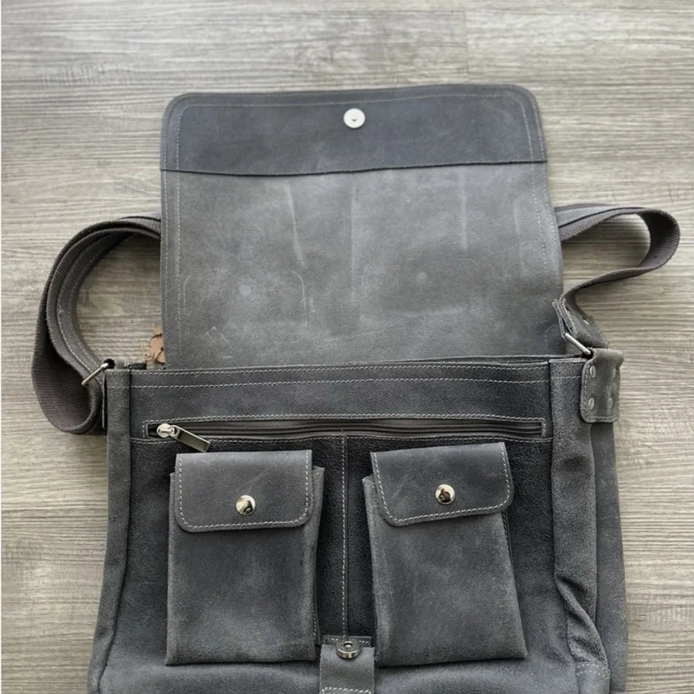 David King & Co. North South Laptop Messenger bag Dark Grey Suede Leather Men's